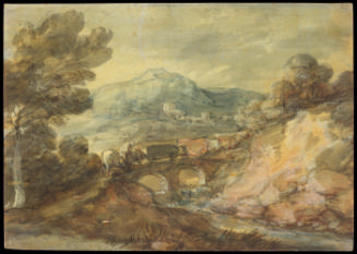 Oil paint sketch of a landscape with cattle crossing a bridge.