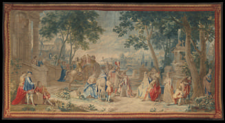 Woven tapestry depicting figures near a harbor