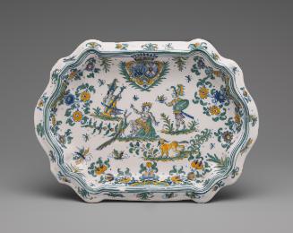 Tray painted with figures and floral decoration in color