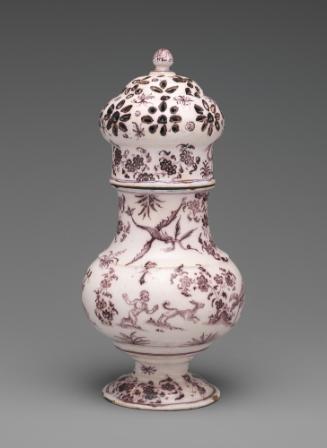 Sugar caster with birds, trees and flowers painted in dark red