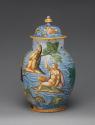 Alternate view of one of two covered vases with figures in a seascape, in color