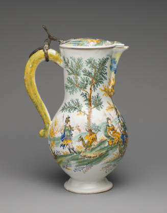 Pitcher decorated with painted landscapes, in color