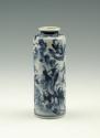 Blue and white porcelain cylindrical bottle with figures, side view