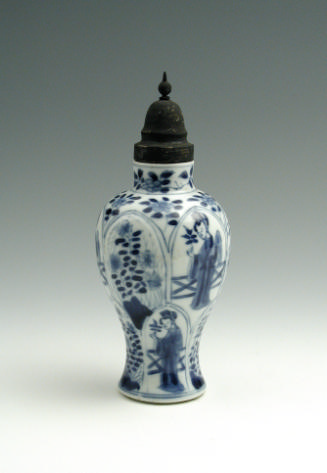 Blue and white porcelain jar with women and plant design, with metal lid