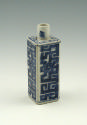 Blue and white porcelain bottle with square base, abstract design