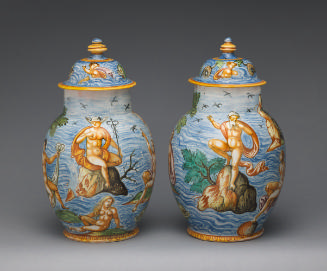 Two covered vases with figures in a seascape, in color