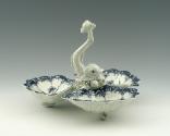 Blue and white porcelain tray with three containers and white fish