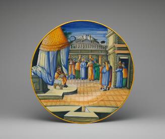 Circular plate showing figures in a courtyard, in color