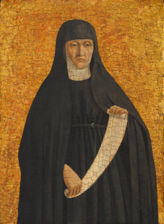 Tempera painting of nun in a black habit holding a scroll