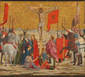 Tempera painting of the crucifixion of Jesus with the Virgin Mary and other biblical figures ag…