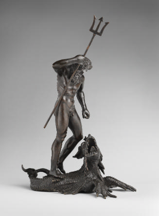 Bronze sculpture of Neptune looking down, holding a raised trident in his right hand and standi…