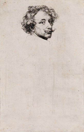 Black and white etching of the head of a man with curly hair, a mustache and goatee, turned to …
