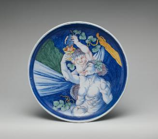 Plate showing a mythological scene with a man and putto against a blue background