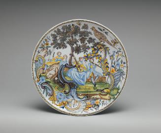 Circular plate with a colorful, densely painted landscape with figures and birds