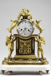 Frontal view of Mantel Clock in gilt bronze and marble with Attributes of Ceres, Venus, and Bac…