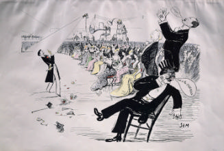 Drawing of people in formal wear sitting in front of standing man