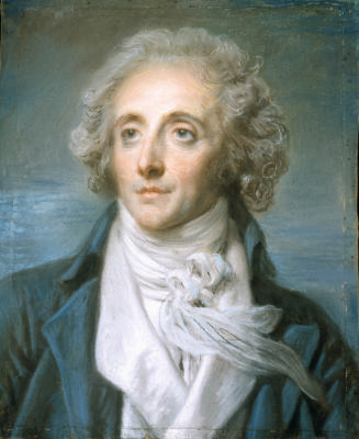 Pastel portrait of the head of a man facing up and to the left wearing a blue jacket and white …