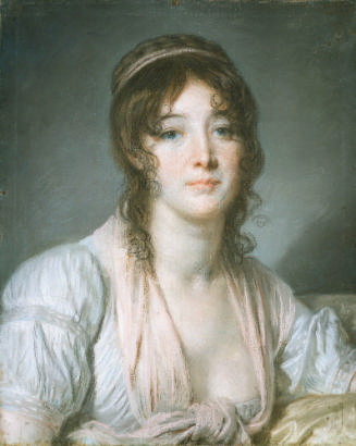 Pastel portrait of the head of a brown-haired woman wearing a white eighteenth-century style dr…