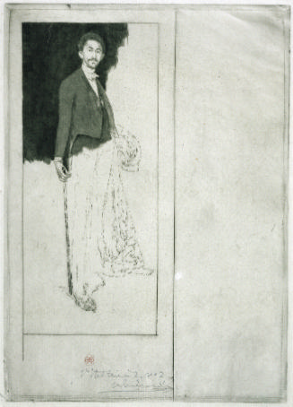 Incomplete outlined etching of a pencil portrait of a standing man. 