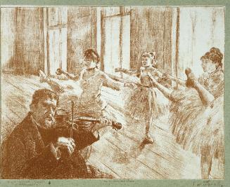 Brown ink drawing of ballet dancers in studio with violinist