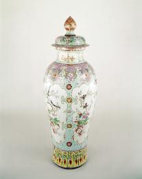 Very Tall Covered  porcelain Jar with blue, white, and violet decoration.