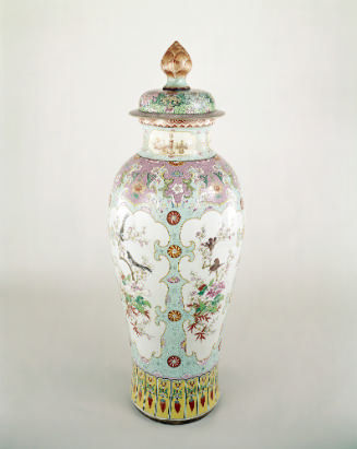 Very Tall Covered  porcelain Jar with blue, white, and violet decoration.