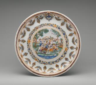 Circular plate with a mythological scene and decorative border in color