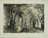 Black and white print on gray-green paper of a creek running through a forest of slender trees …