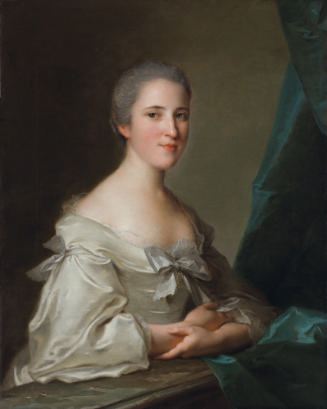 Oil painting of a woman in a white dress with arms crossed