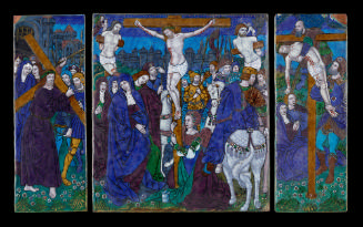 Polychrome enamel Triptych representing The Way to Calvary; The Crucifixion; The Desposition