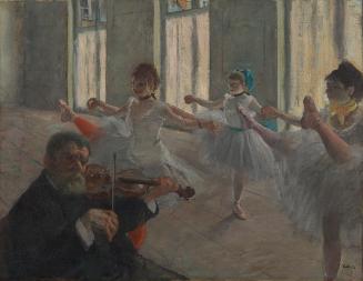 oil painting of four ballet dancers in a studio with their arms outstretched and right legs lif…