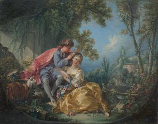 oil painting of a woman in a yellow dress seated next to a man in a blue outfit and red cape in…