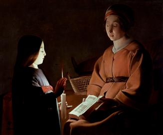 oil painting of a young Virgin Mary and her mother reading scripture by candlelight