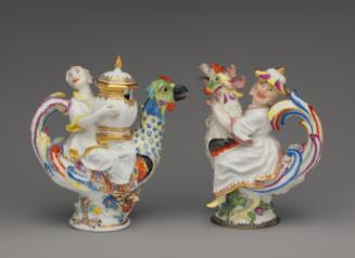 mustard pot and cruet in the shape of hens mounted by asian-style figures