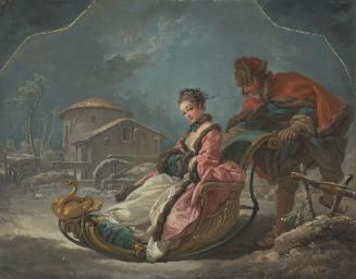 oil painting of a woman in a sleigh being pushed through the snow by a man