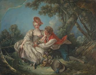 oil painting of a woman in a white dress seated next to a man in blue pants and a red vest in a…