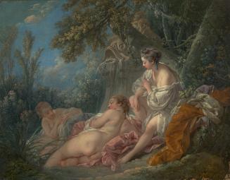 oil painting of three nude women wrapped in drapery lounging near a fountain