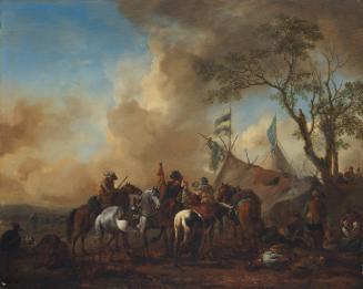 Oil painting of horse and soldiers on battlefield