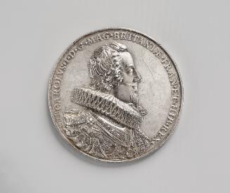 Silver portrait medal of King Charles I, hair short and curled, with a lovelock on his left sho…