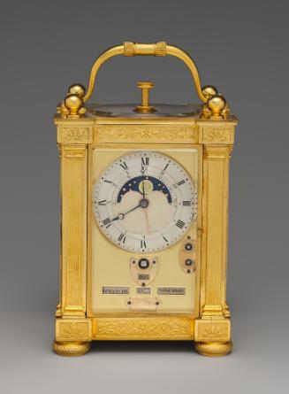 Three-quarter front view of Carriage Clock with Calendar in a neoclassical gilt bronze case