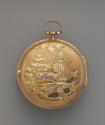 Image of reverse side of pendant watch in gilt of various colors depicting two birds in a lands…