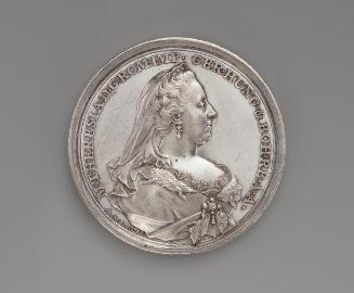 Silver medal of a woman wearing a crown, veil, earrings, and dress with a fur collar collected …