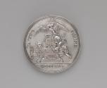 Silver medal depicting, in the foreground, a flaming altar over which, to the right, hovers a w…