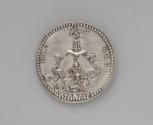 Reverse of a silver portrait medal of the Duke of Alba.  This side of the medal shows an elabor…
