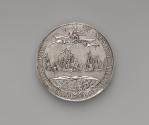 Silver medal depicting a fleet under sail. Above, Fame flying with a trumpet and scroll