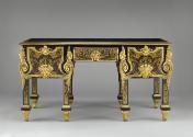 Back view of Boulle Kneehole Desk with marquetry of pewter, gilt brass and tortoiseshell and la…