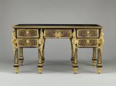 Front view of Boulle Kneehole Desk with marquetry of pewter, gilt brass and tortoiseshell and l…