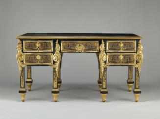 Front view of Boulle Kneehole Desk with marquetry of pewter, gilt brass and tortoiseshell and l…