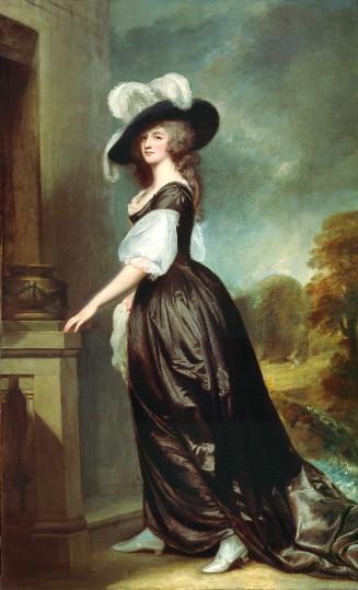 Oil painting of woman wearing black dress standing