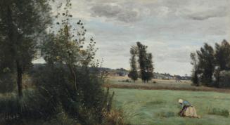 Landscape featuring a woman in the foreground washing something by a pond